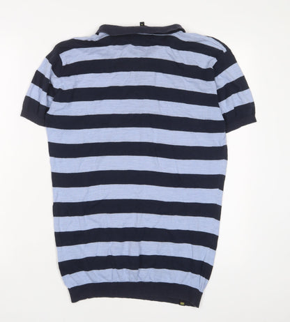 Mantan Mens Blue Striped Cotton Polo Size M Collared Button