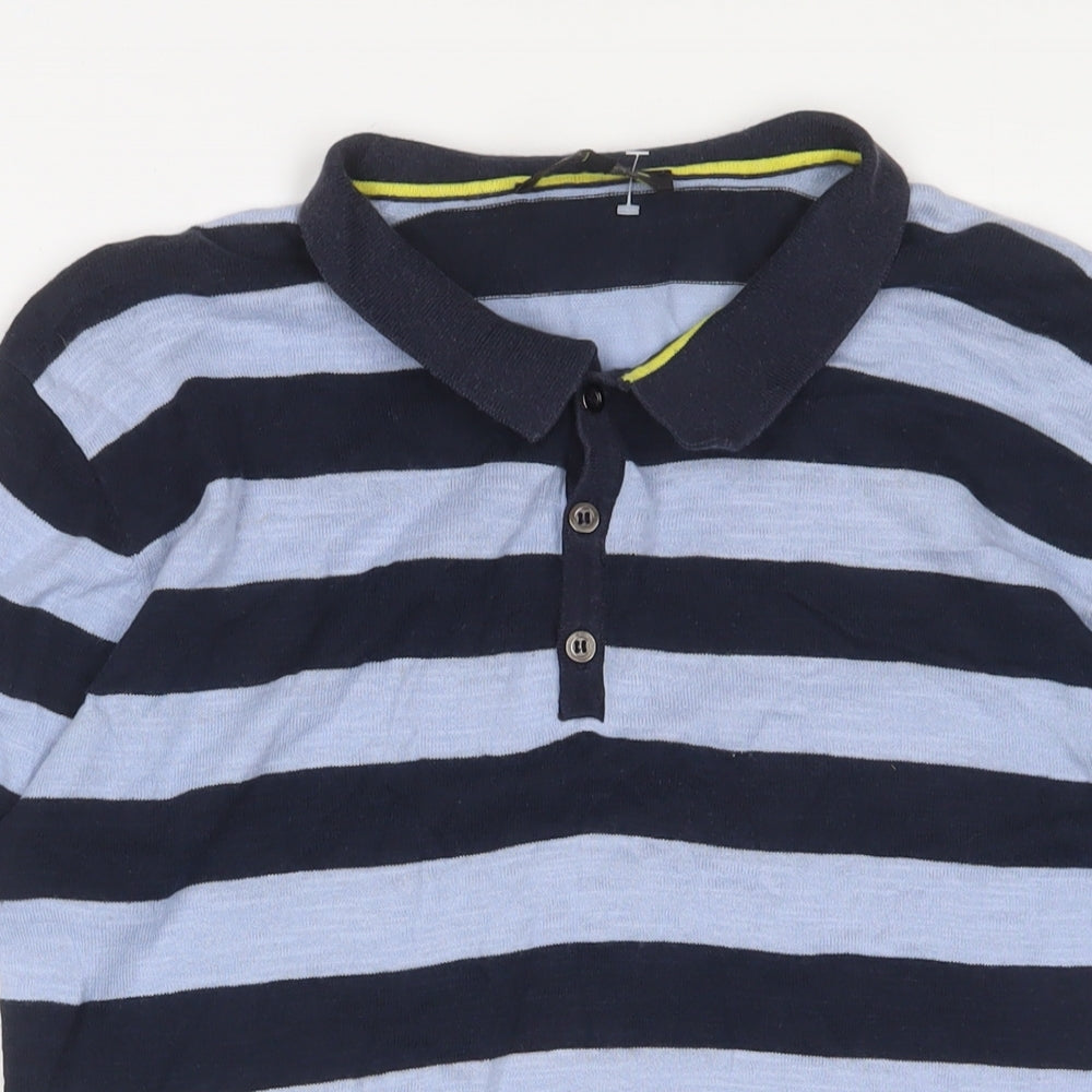 Mantan Mens Blue Striped Cotton Polo Size M Collared Button