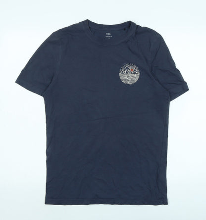 Marks and Spencer Mens Blue Cotton Blend T-Shirt Size S Crew Neck