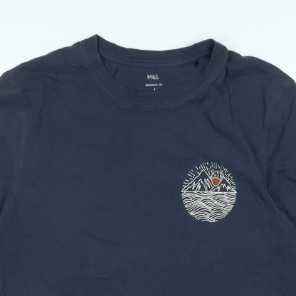 Marks and Spencer Mens Blue Cotton Blend T-Shirt Size S Crew Neck