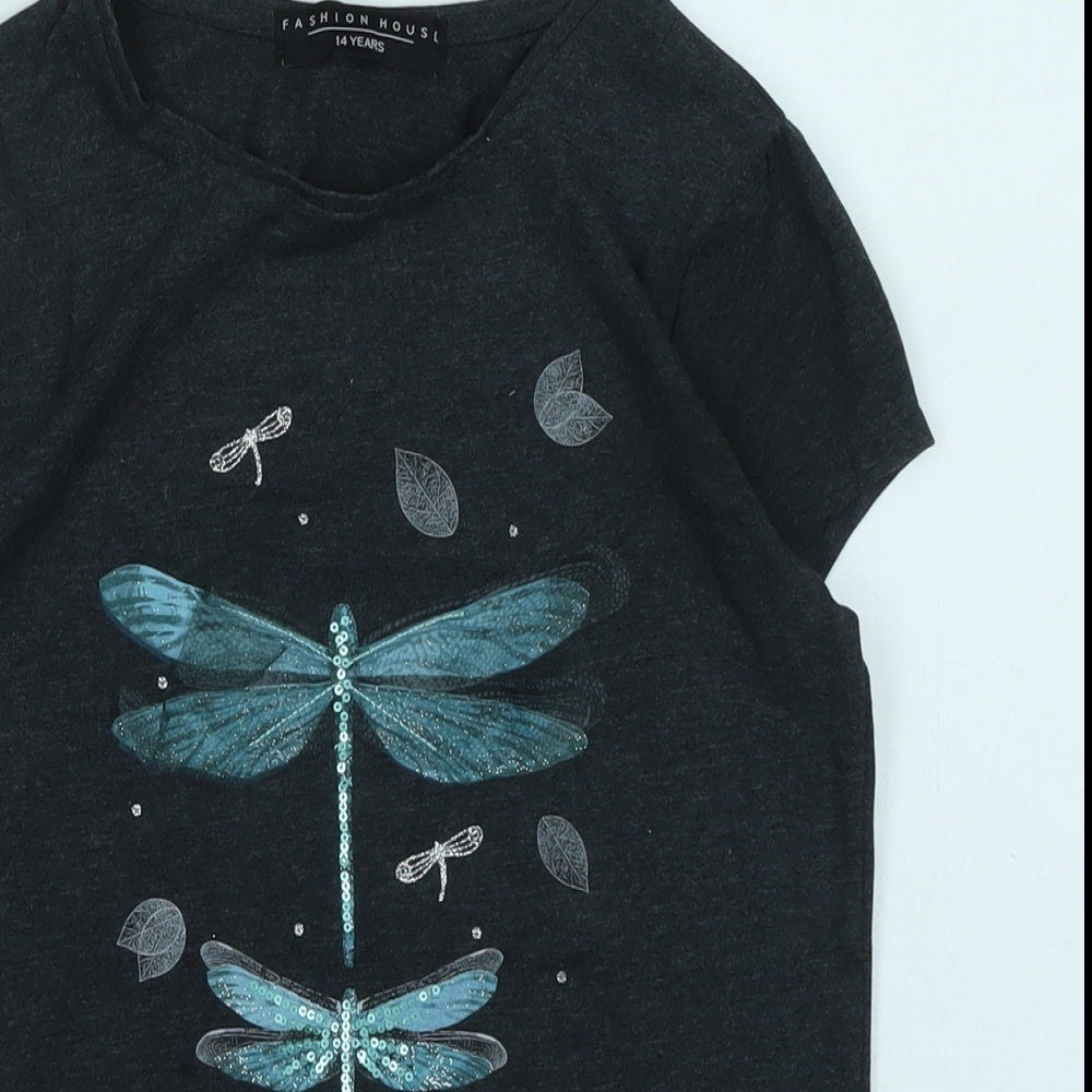 Fashion House Girls Blue Cotton Basic T-Shirt Size 14 Years Crew Neck