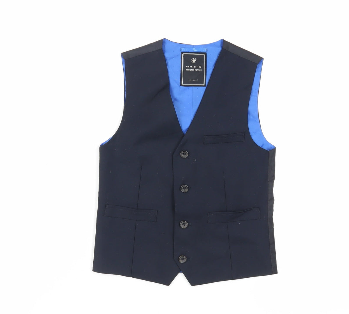 Additional front view of Next boys’ blue jacket waistcoat, size 8, years button