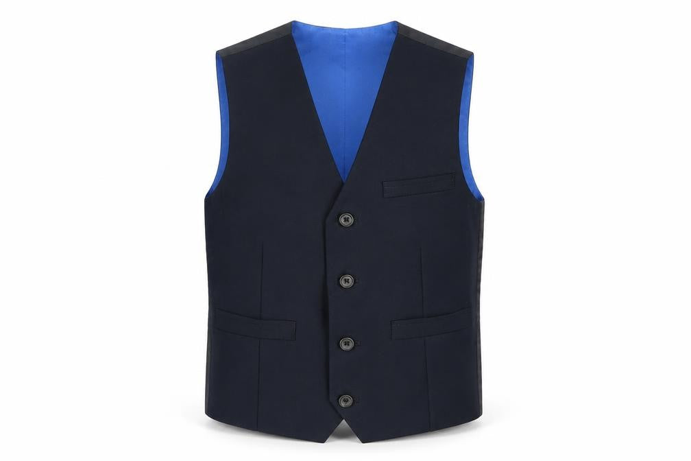 Front view of Next boys’ blue jacket waistcoat, size 8, years button
