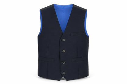 Front view of Next boys’ blue jacket waistcoat, size 8, years button
