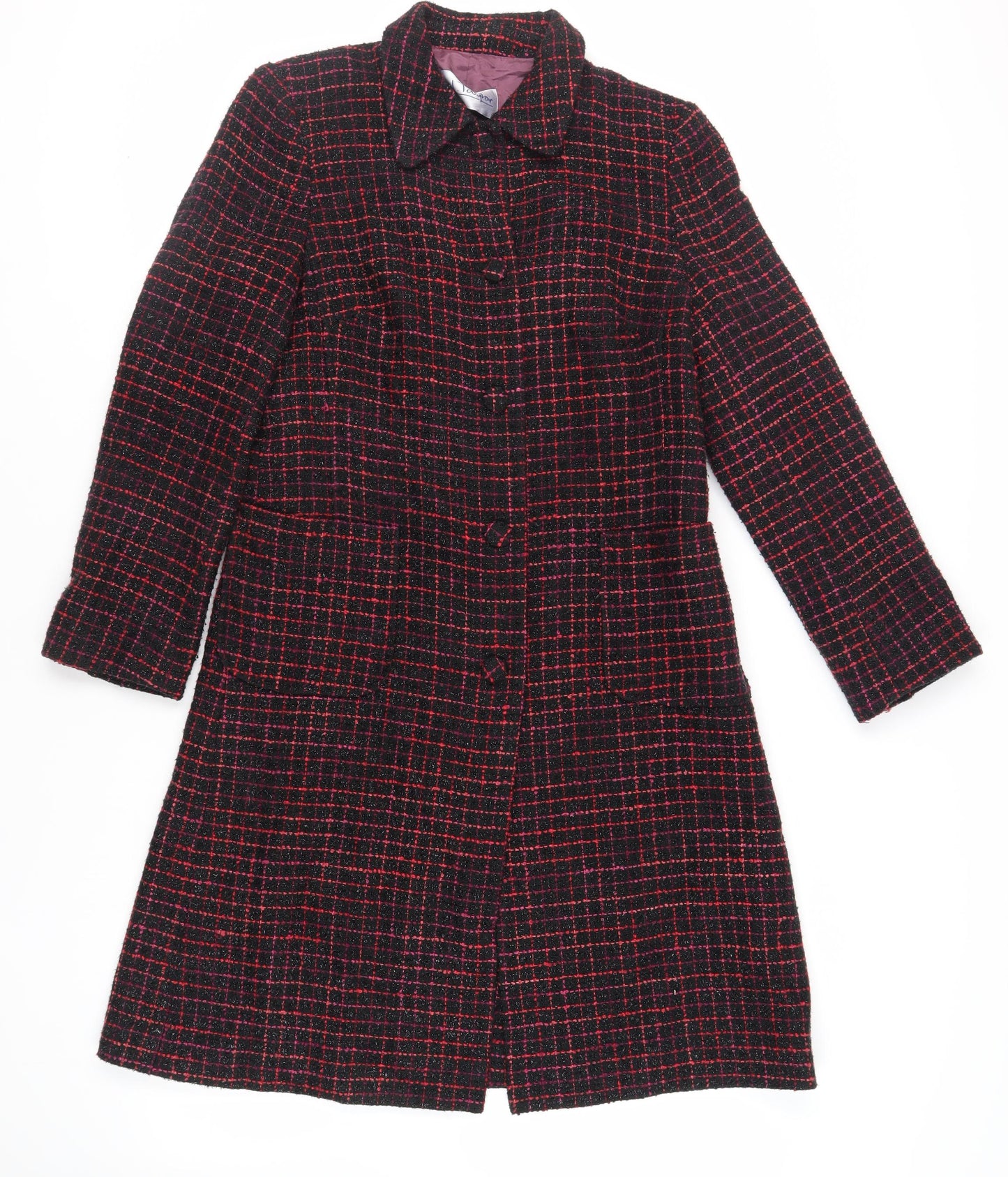 J.Taylor Womens Black Check Overcoat Coat Size 14 Button