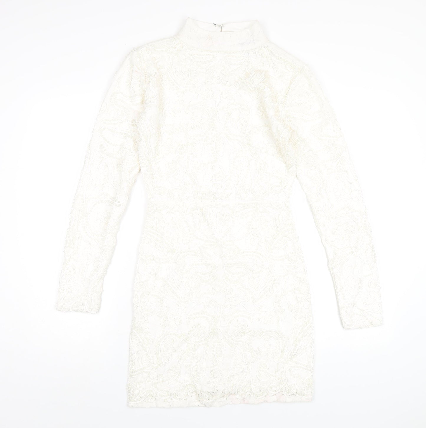 PRETTYLITTLETHING Womens White Cotton Bodycon Size 8 Mock Neck Zip