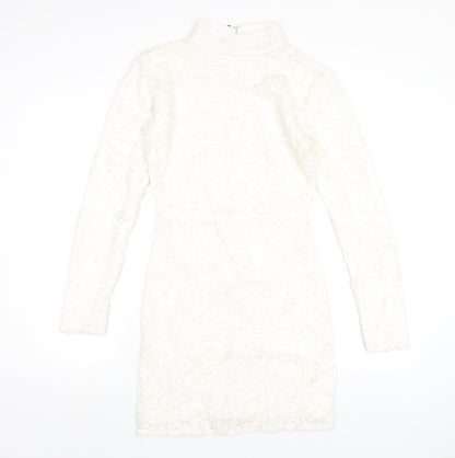 PRETTYLITTLETHING Womens White Cotton Bodycon Size 8 Mock Neck Zip