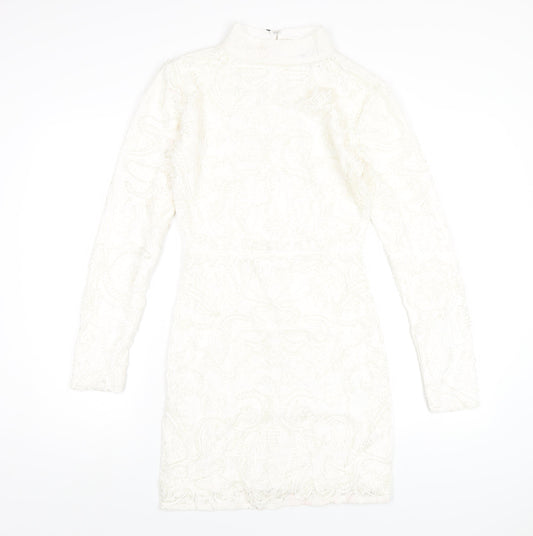 PRETTYLITTLETHING Womens White Cotton Bodycon Size 8 Mock Neck Zip