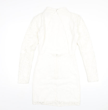 PRETTYLITTLETHING Womens White Cotton Bodycon Size 8 Mock Neck Zip