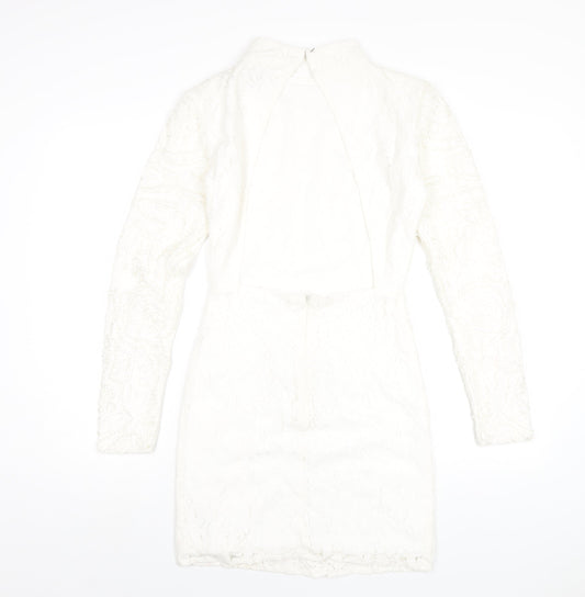 PRETTYLITTLETHING Womens White Cotton Bodycon Size 8 Mock Neck Zip