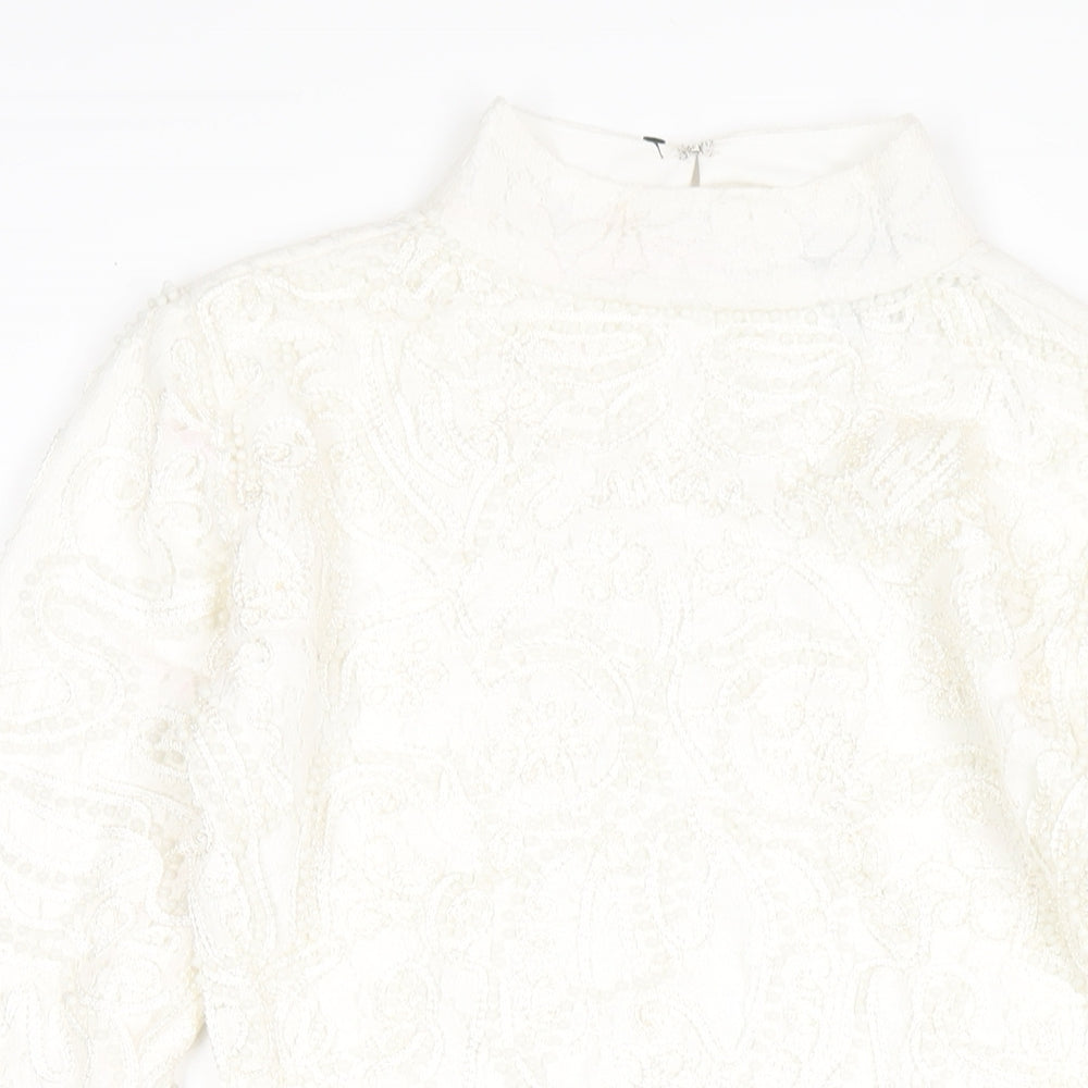 PRETTYLITTLETHING Womens White Cotton Bodycon Size 8 Mock Neck Zip