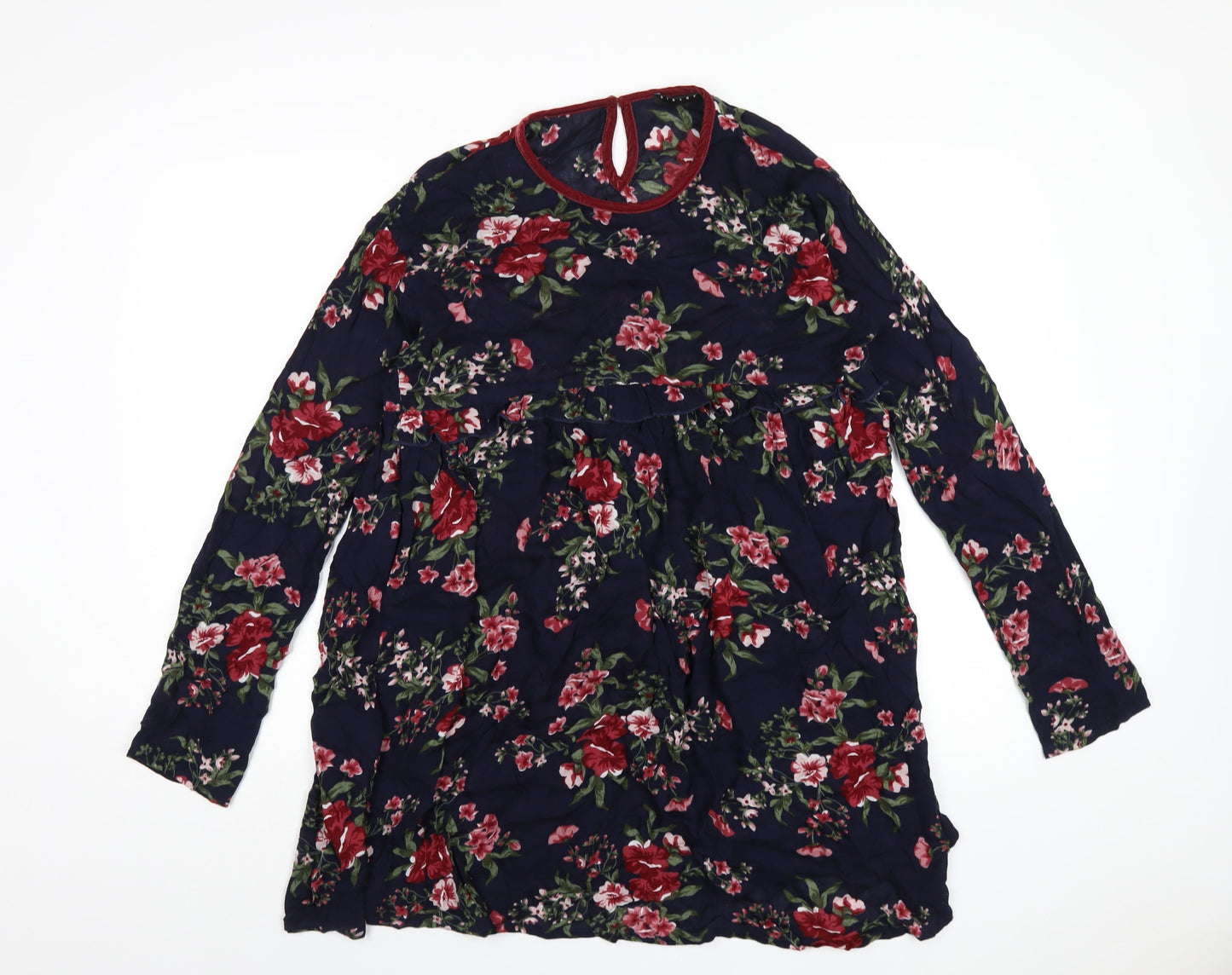 Sisley Girls Blue Floral Viscose A-Line Size 11-12 Years Round Neck Button