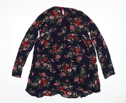 Sisley Girls Blue Floral Viscose A-Line Size 11-12 Years Round Neck Button