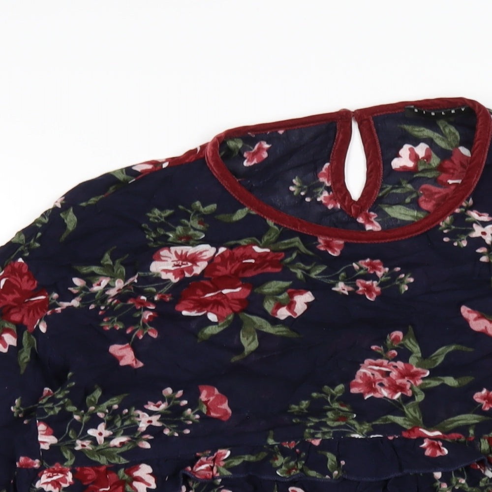 Sisley Girls Blue Floral Viscose A-Line Size 11-12 Years Round Neck Button