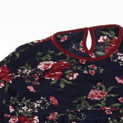Sisley Girls Blue Floral Viscose A-Line Size 11-12 Years Round Neck Button