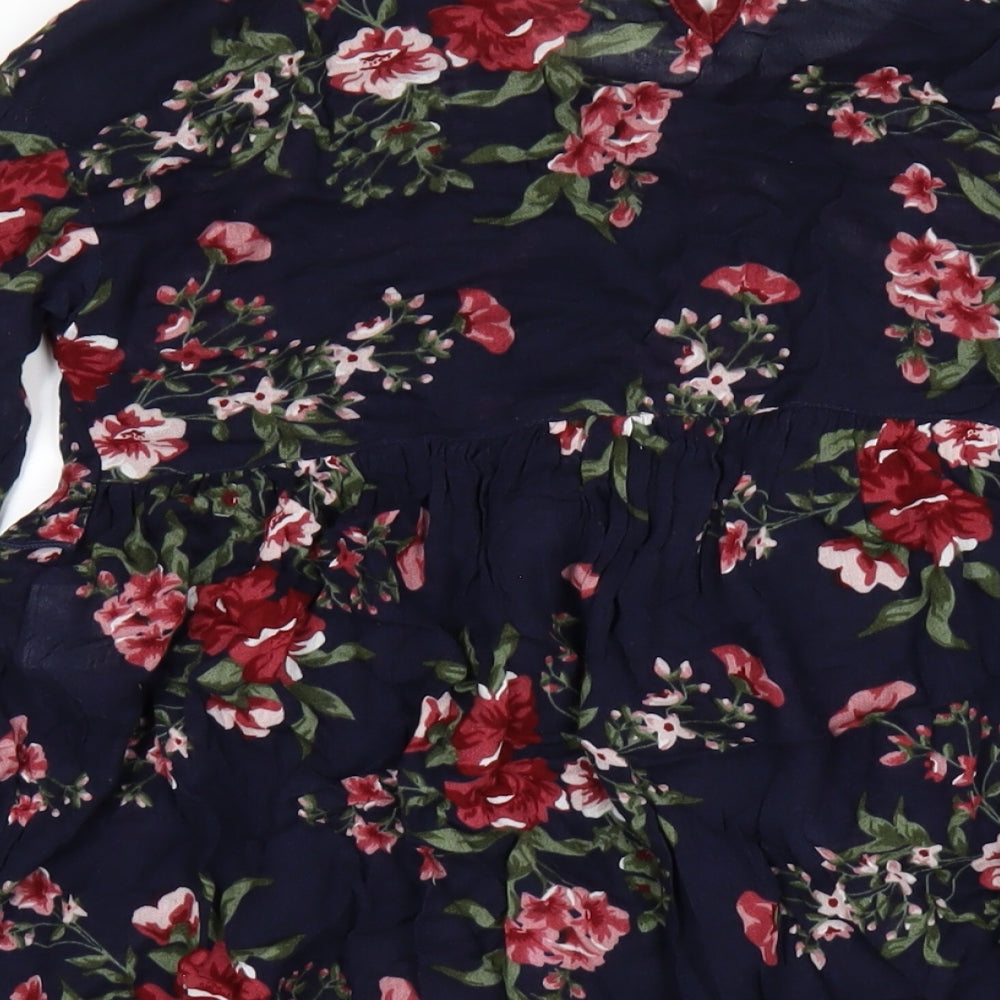 Sisley Girls Blue Floral Viscose A-Line Size 11-12 Years Round Neck Button