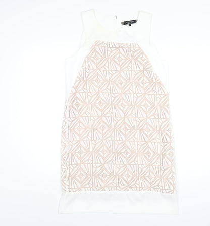 Principles Womens White Geometric Polyester A-Line Size 12 Round Neck Button