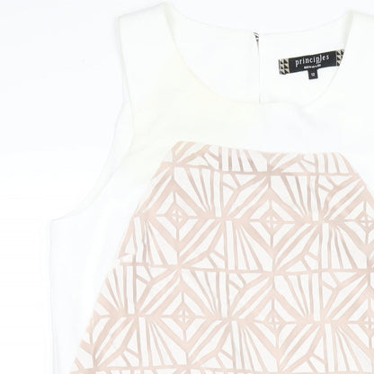 Principles Womens White Geometric Polyester A-Line Size 12 Round Neck Button
