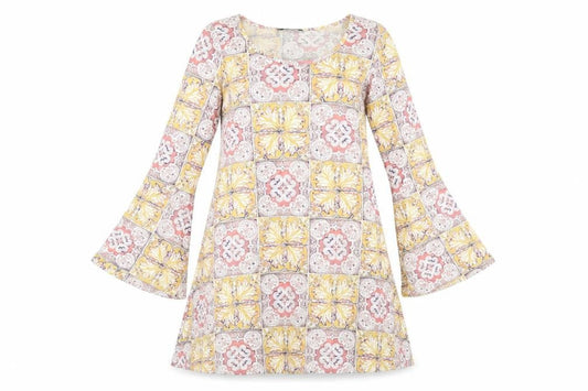 Front view of Missguided women’s multicoloured geometric viscose a-line, size UK 6, round neck pullover