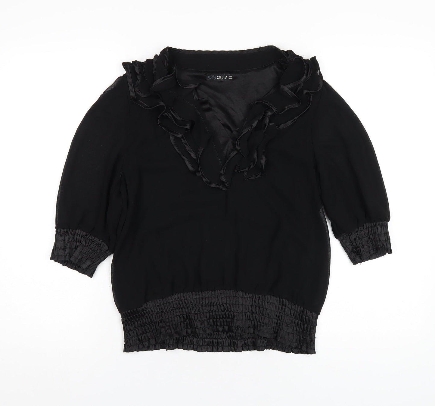 Quiz Womens Black Polyester Basic Blouse Size 8 V-Neck
