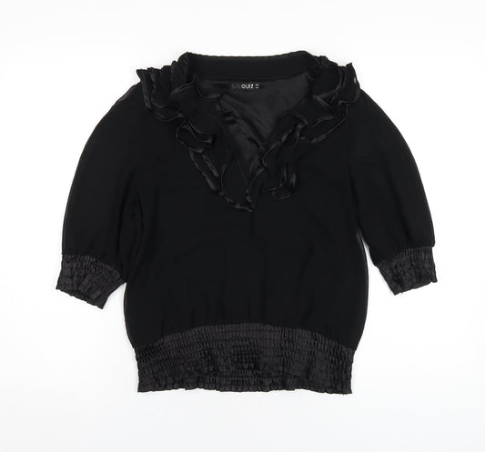 Quiz Womens Black Polyester Basic Blouse Size 8 V-Neck