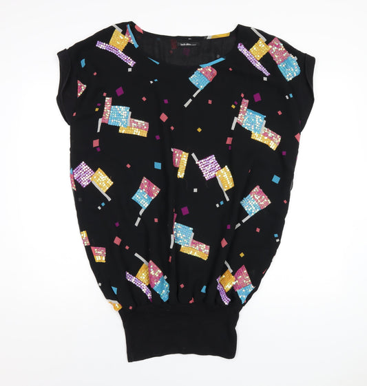 Evans Womens Black Geometric Polyester Basic T-Shirt Size 16 Round Neck