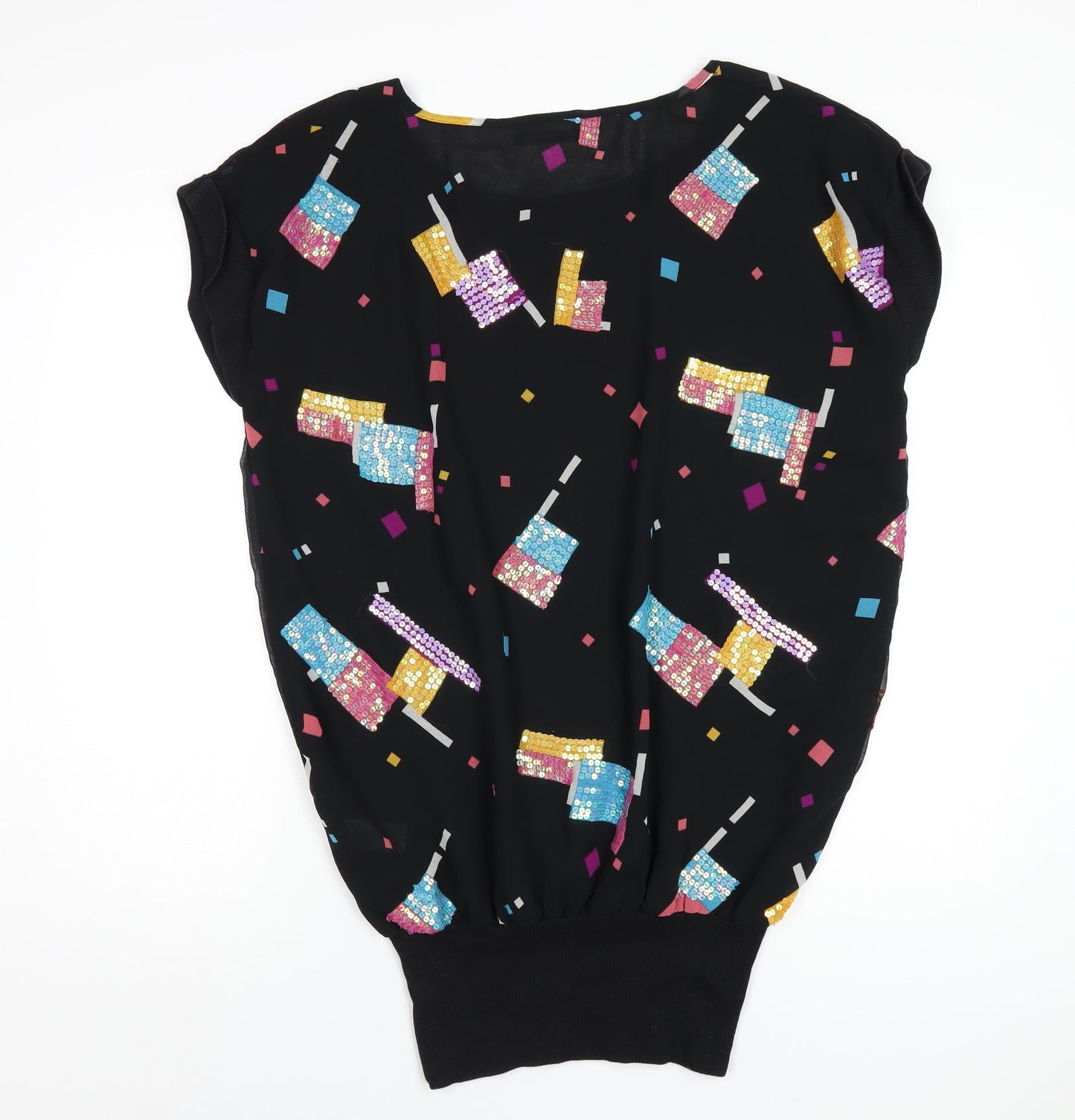 Evans Womens Black Geometric Polyester Basic T-Shirt Size 16 Round Neck