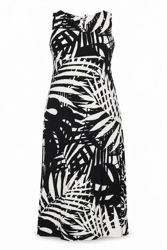 Front view of Kaleidoscope women’s black geometric polyester a-line, size UK 12, round neck pullover
