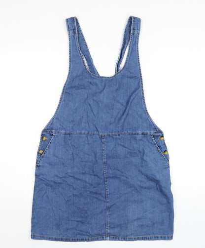 ASOS Womens Blue Cotton Pinafore/Dungaree Dress Size 10 Scoop Neck Button