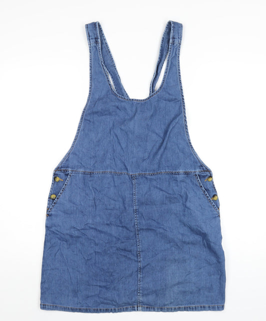 ASOS Womens Blue Cotton Pinafore/Dungaree Dress Size 10 Scoop Neck Button