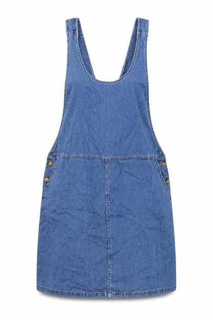 Front view of ASOS women’s blue cotton pinafore/dungaree dress, size UK 10, scoop neck button