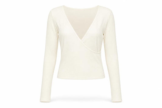 Front view of Cooperative women’s ivory polyester basic t-shirt, size S, v-neck