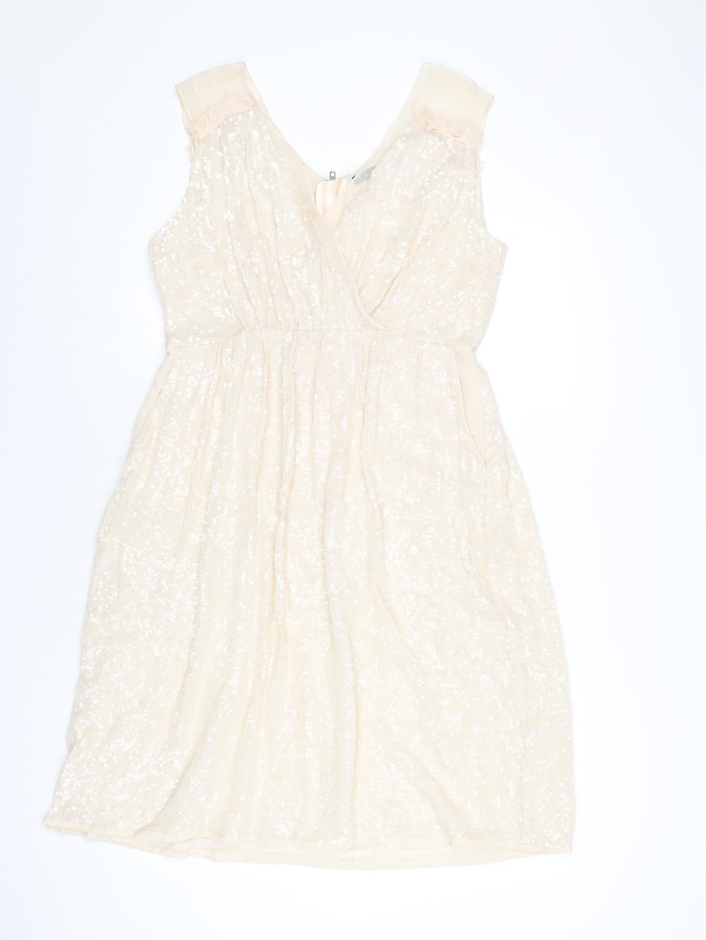 French Connection Womens Ivory Polyester A-Line Size 14 V-Neck Zip - Sequin