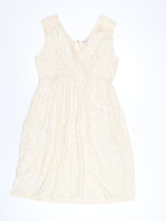 French Connection Womens Ivory Polyester A-Line Size 14 V-Neck Zip - Sequin