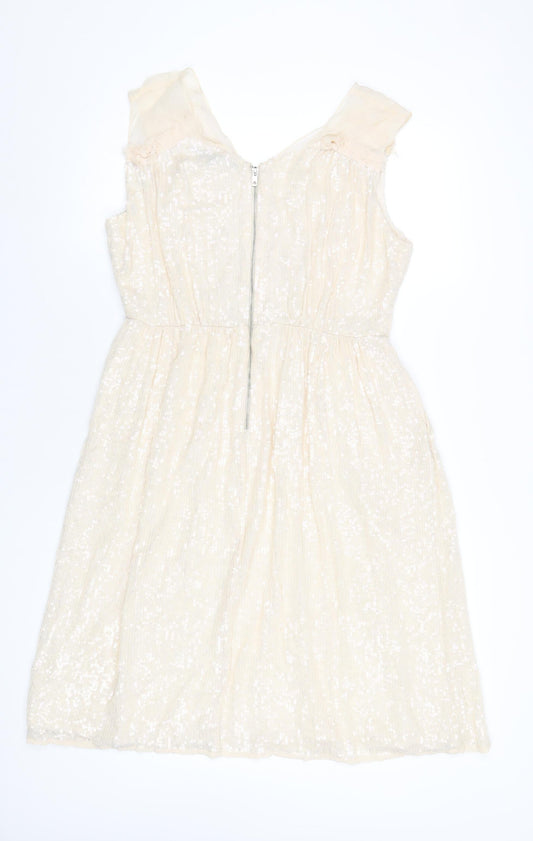 French Connection Womens Ivory Polyester A-Line Size 14 V-Neck Zip - Sequin