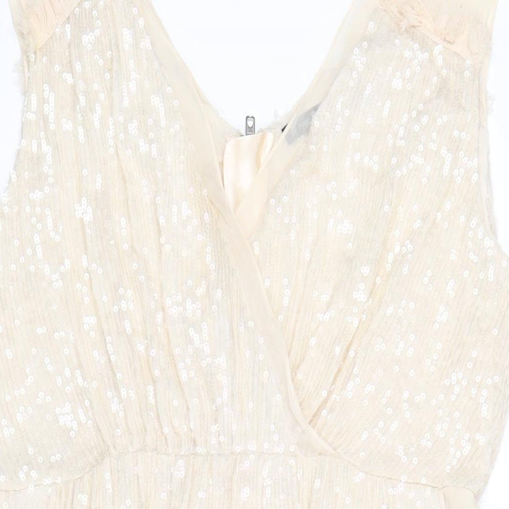French Connection Womens Ivory Polyester A-Line Size 14 V-Neck Zip - Sequin