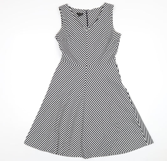 Talbots Womens Black Striped Polyester A-Line Size S V-Neck Zip