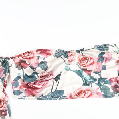 PRETTYLITTLETHING Womens Multicoloured Floral Polyester Cropped T-Shirt Size 4 Sweetheart