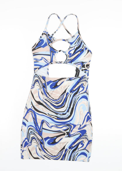 PRETTYLITTLETHING Womens Blue Geometric Polyester Bodycon Size 8 Scoop Neck Pullover