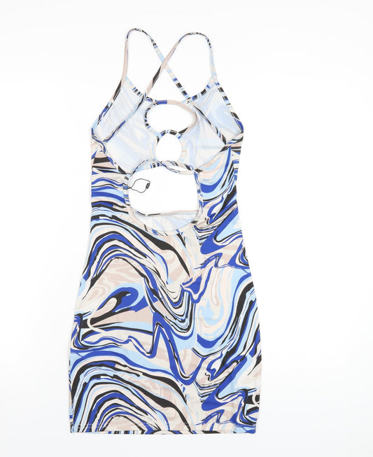 PRETTYLITTLETHING Womens Blue Geometric Polyester Bodycon Size 8 Scoop Neck Pullover