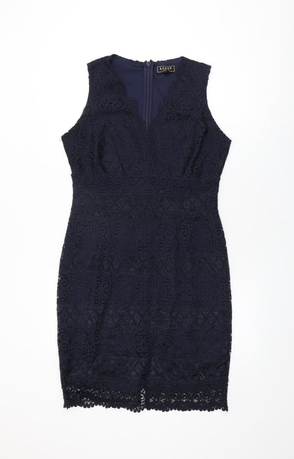 Lipsy Womens Blue Floral Polyester Bodycon Size 14 V-Neck Zip