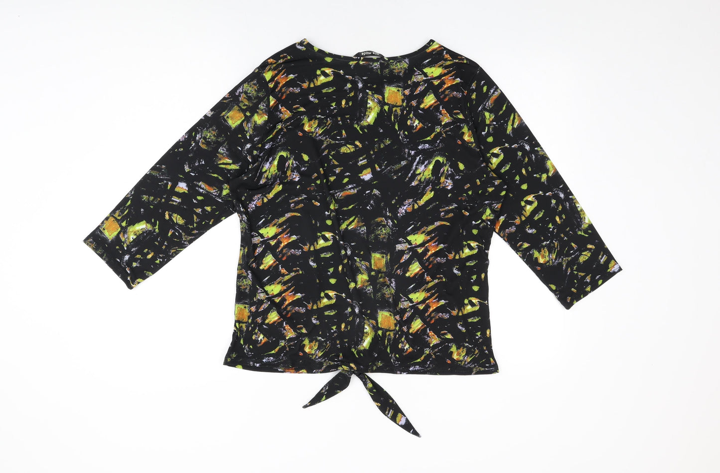 Mia Moda Womens Black Geometric Polyester Basic T-Shirt Size 14 Round Neck