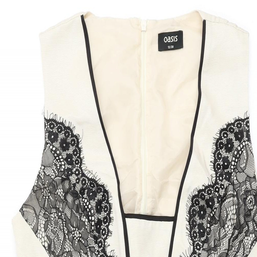 Oasis Womens Ivory Cotton Skater Dress Size 12 V-Neck Zip - Lace Detail