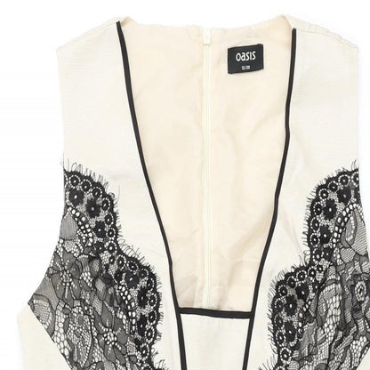 Oasis Womens Ivory Cotton Skater Dress Size 12 V-Neck Zip - Lace Detail