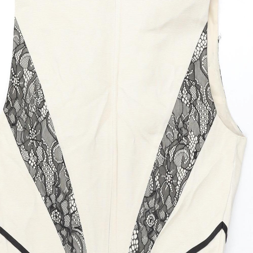 Oasis Womens Ivory Cotton Skater Dress Size 12 V-Neck Zip - Lace Detail