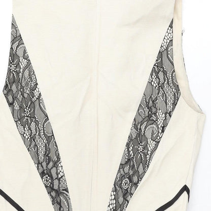 Oasis Womens Ivory Cotton Skater Dress Size 12 V-Neck Zip - Lace Detail