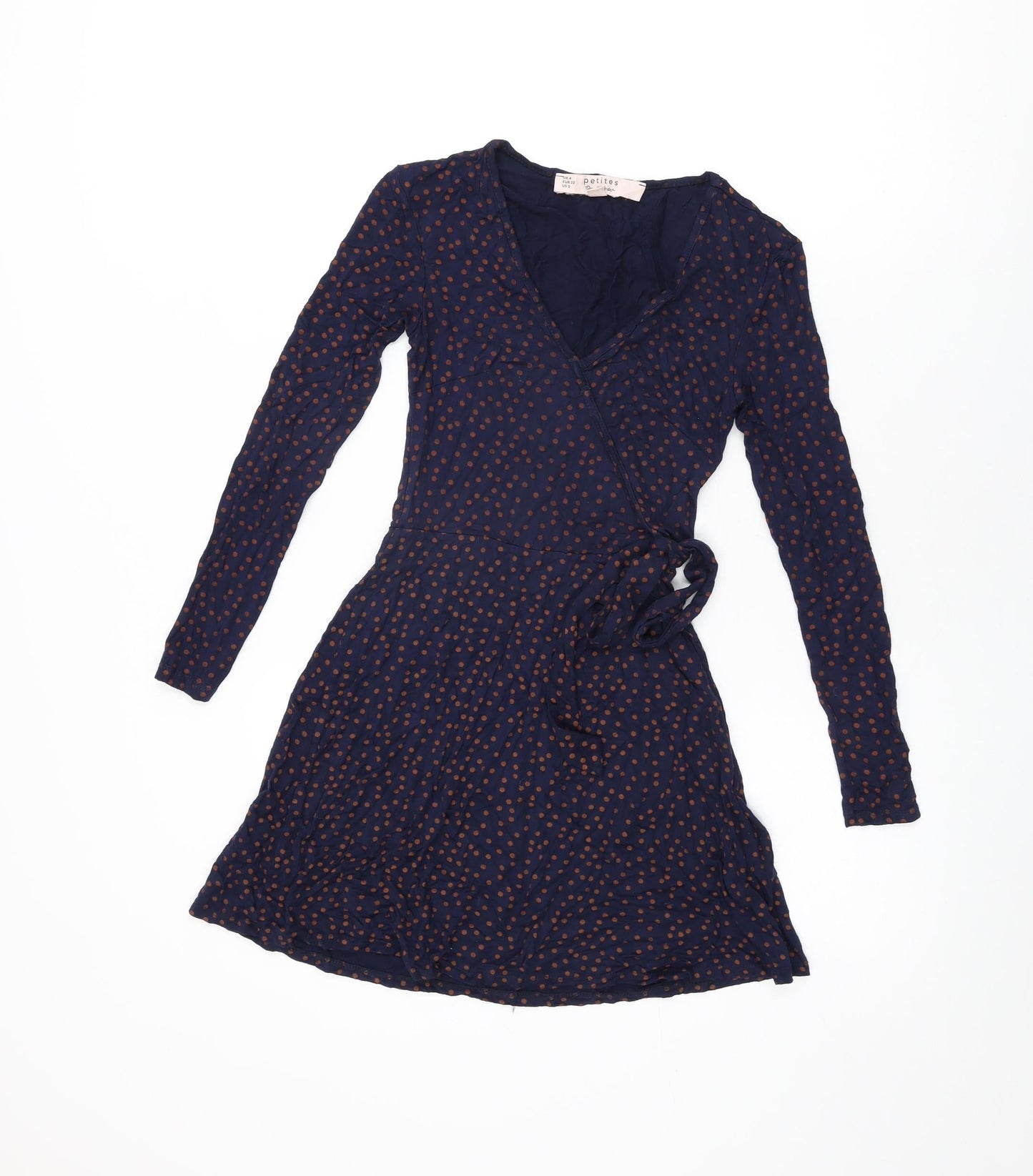 Miss Selfridge Womens Blue Polka Dot Viscose Wrap Dress Size 4 V-Neck Pullover