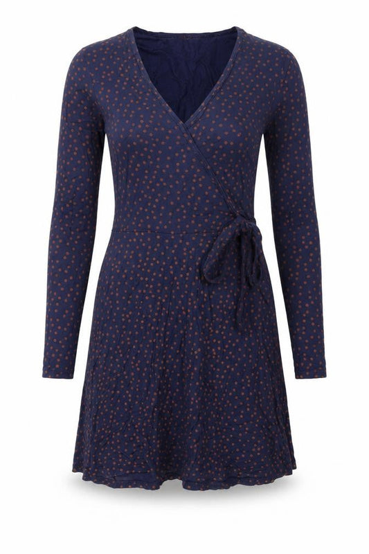 Front view of Miss Selfridge women’s blue polka dot viscose wrap dress, size UK 4, v-neck pullover