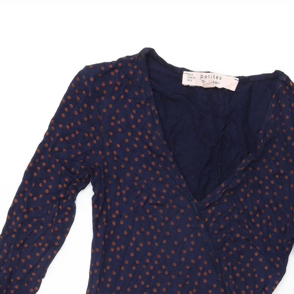 Miss Selfridge Womens Blue Polka Dot Viscose Wrap Dress Size 4 V-Neck Pullover