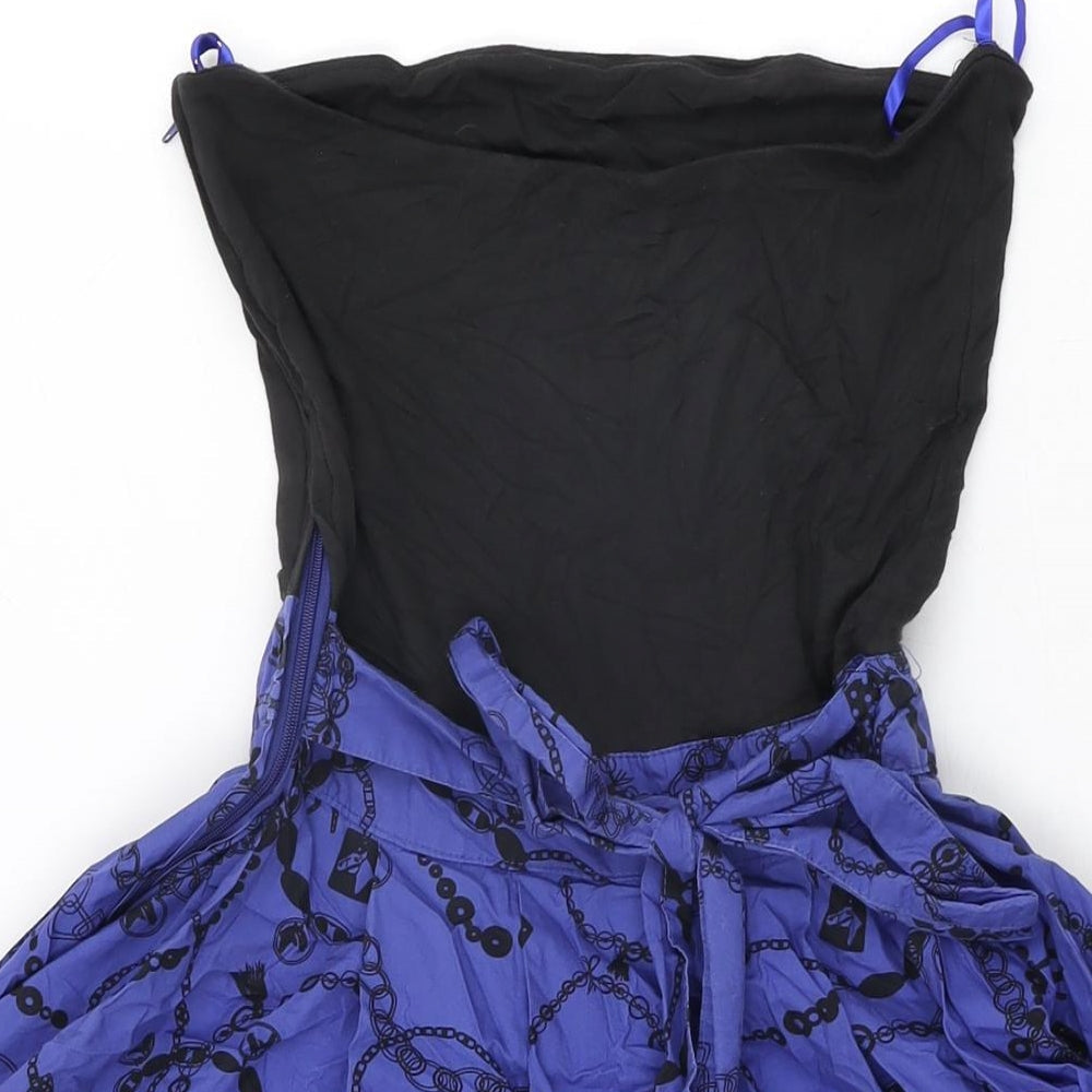 HOOCH Womens Black Geometric Cotton Skater Dress Size 8 Off the Shoulder Zip - Chain pattern